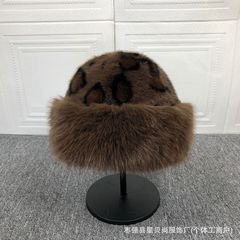 豹纹蒙古帽保暖毛绒帽子女跨境加厚防寒显脸小护耳毛绒帽大帽檐