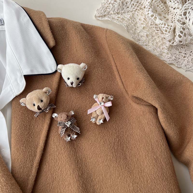 Ours et petit lapin ~ Broche mignonne en forme de cœur avec nœud papillon et strass, version coréenne_voghion.com