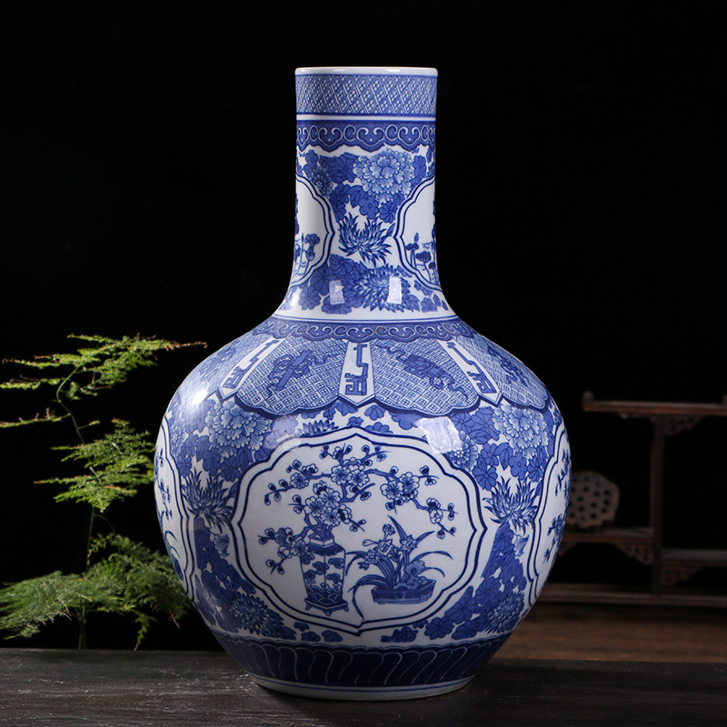 Flores azules grandes botellas de flores de cerámica Jingdezhen porcelana puerta de entrada decoración de la sala de estar
