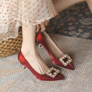 2022-1 Wedding Shoes Xiuhe Wedding Dress Two-Wear Bride Not Tired Feet Red High Heels Women's Stiletto Heel Pointed Bridesmaid Shoes