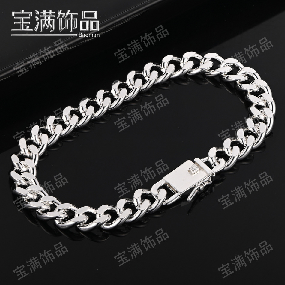Wholesale Trendy Fashion Silver Jewelry with 925 Silver Plated 8mm Square Clasp Side Pattern Bracelet for Men