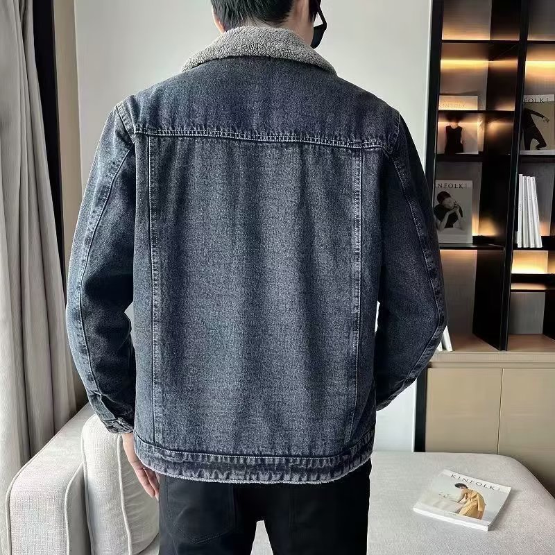 Men's Denim Jacket With Fleece And Men's Lamb Fleece Slim Fit Collar Casual Jacket Thick_voghion.com