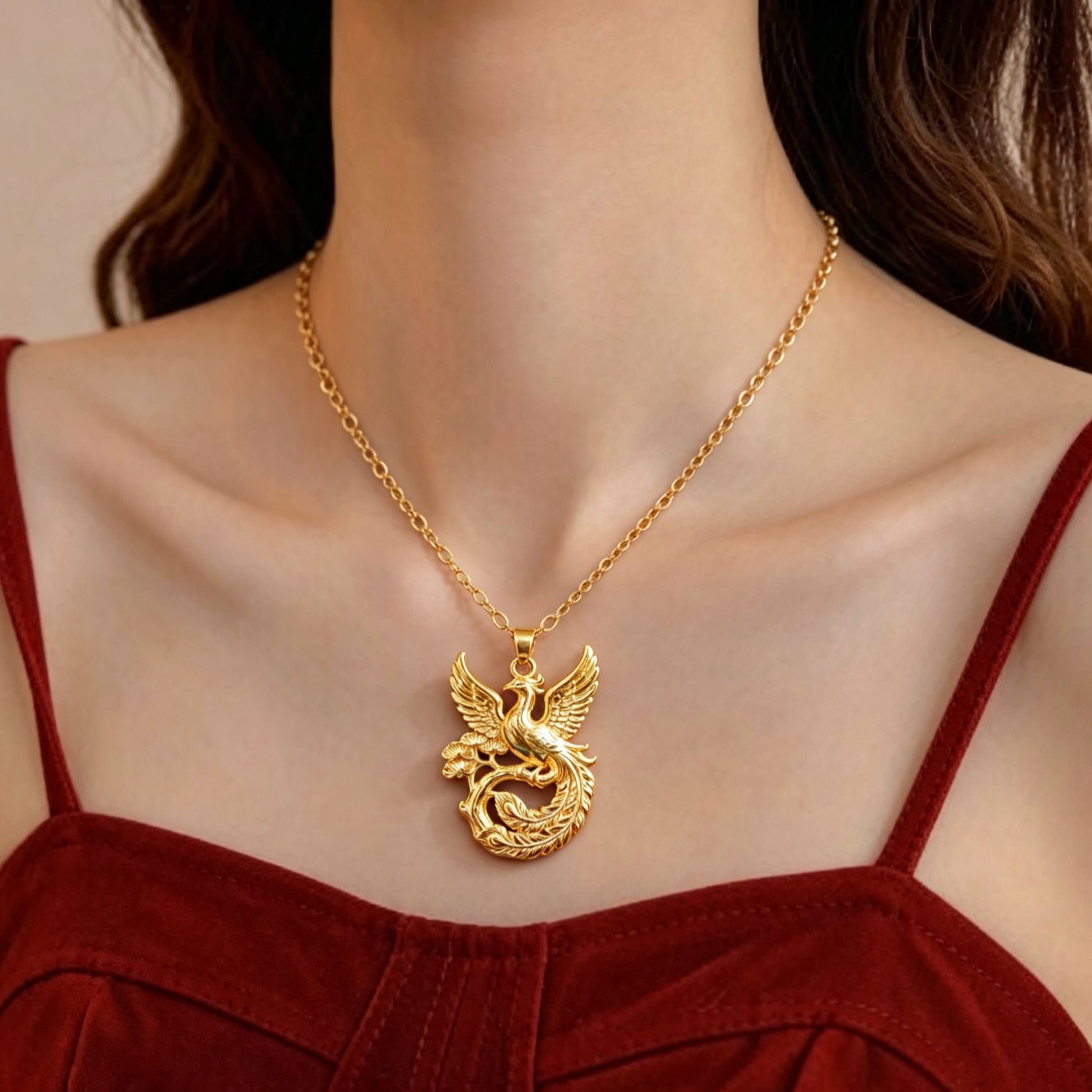 New Phoenix Perched on Tree Necklace, Golden Pine Phoenix Pendant, Luxurious Ancient Carving, Phoenix Singing, Wealth and Prosperity Necklace, Gift