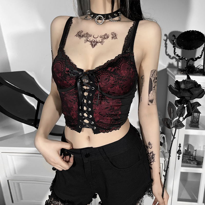 Gothic Style Lace Open Back Strappy Camisole NSGYB116345