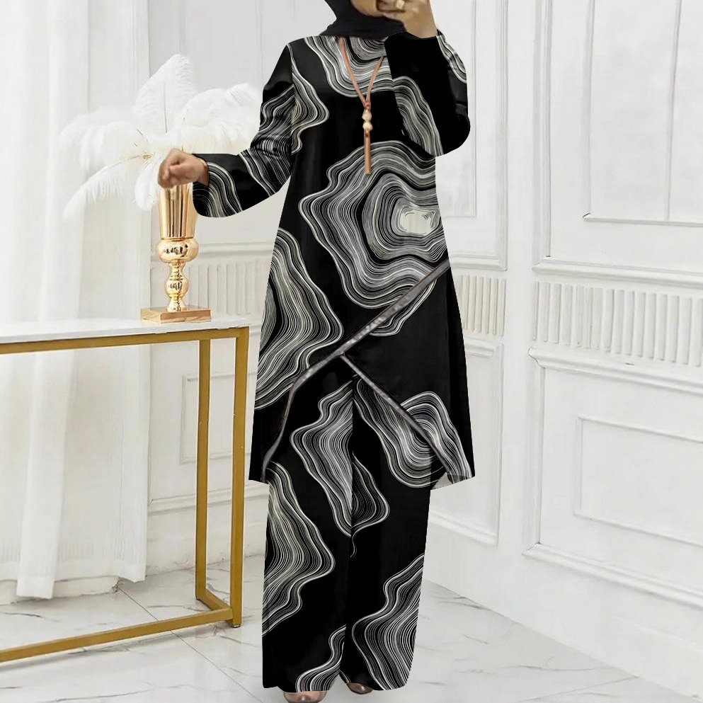 2024 Autum New Fashion Elegant Abstract Line Printing Design Loose and Comfortable Two-Piece Home Wear Set for Women