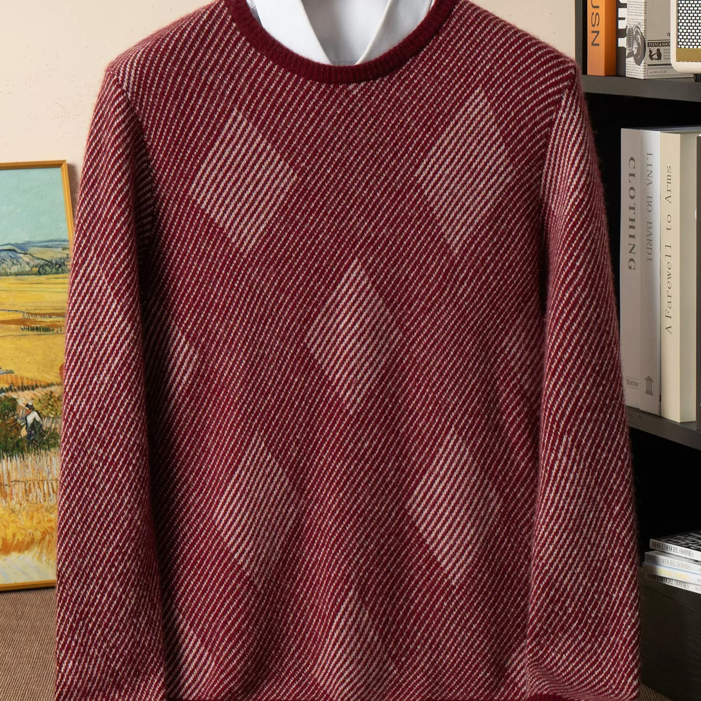 2025秋冬新款圆领山羊绒衫男拼色加厚毛衣商务休闲撞色针织打底衫