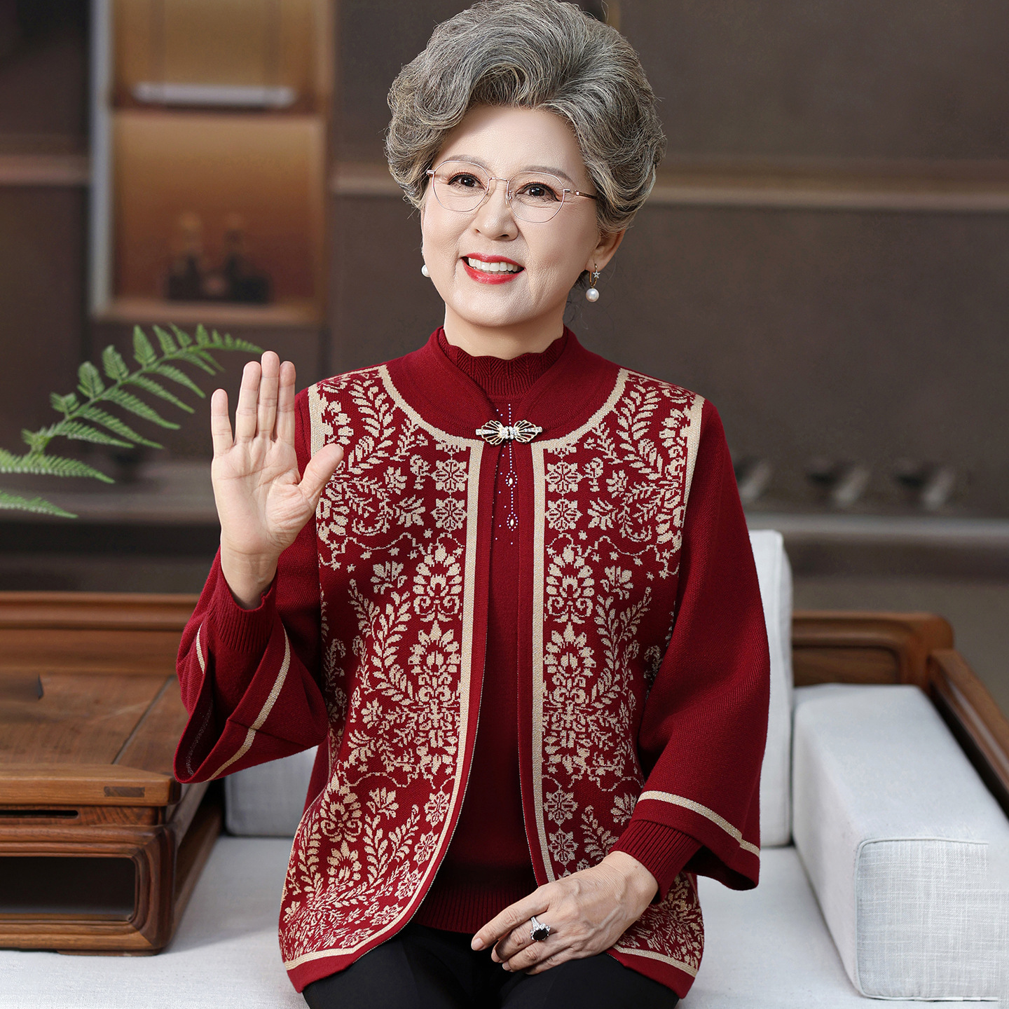 洋气妈妈春装外套2025新款中老年女春秋季针织开衫上衣两件套高贵，女装套装/套裙，妃慕昵服饰