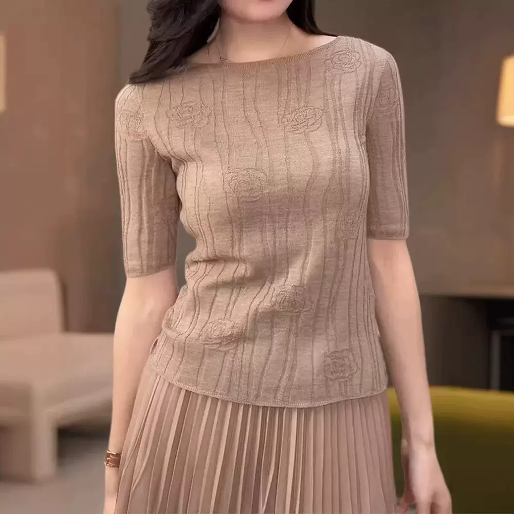 山茶花扬子纱纯羊毛一字肩针织衫玫瑰提花显瘦短袖T恤内搭毛衣