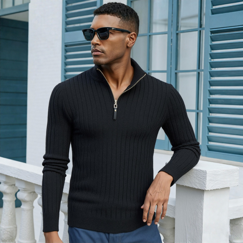 2025 Export Autumn and Winter Wide Stripesd Half-Zip Men's Half Turtleneck Warm Large Size Casual Knitwear Thickeneded Knitwear