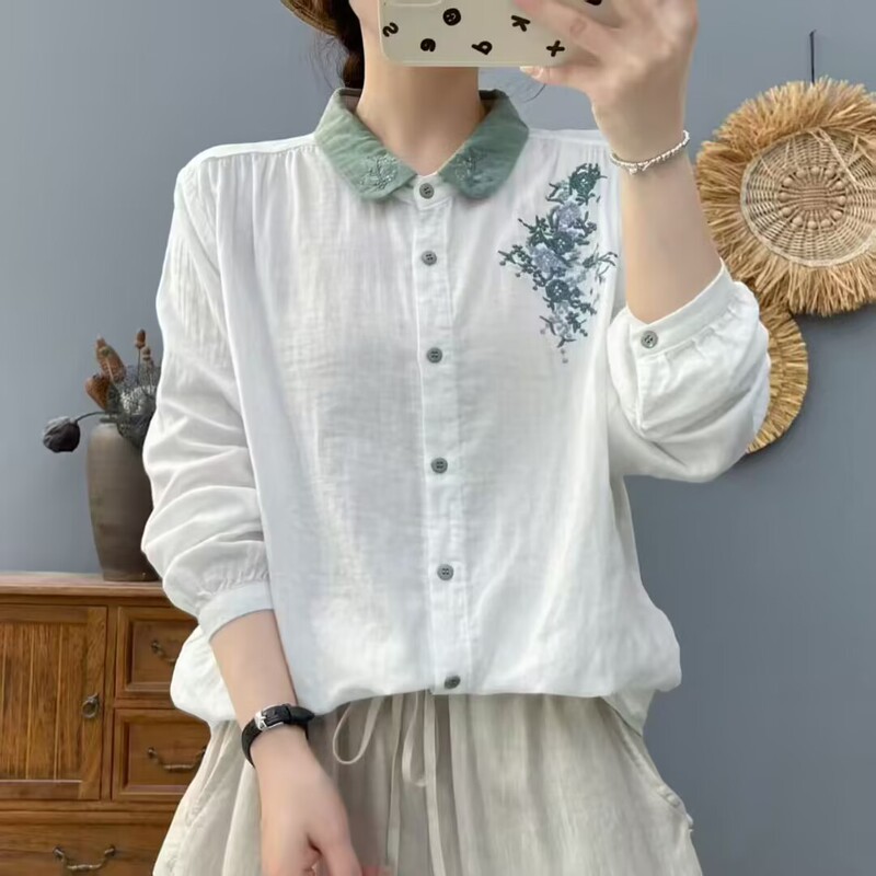 Long-Sleeved Shirt for Women, Embroidered Flower Craft Double-Layer Cotton Yarn Pure Cotton Shirt for Women, Literary Retro Color-Blocked Collar Top