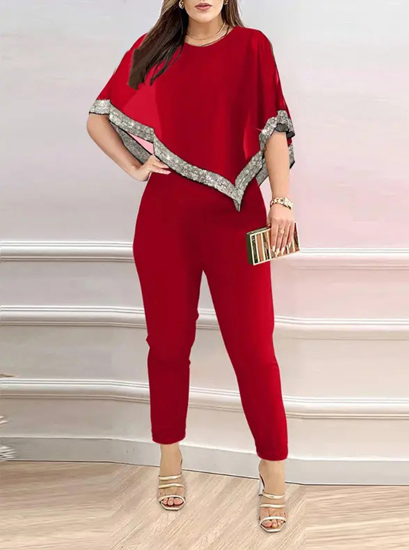 Primavera y verano transfronterizo de las mujeres de comercio exterior mono nueva gasa lentejuelas costura sexy cuello redondo Delgado apretado mono