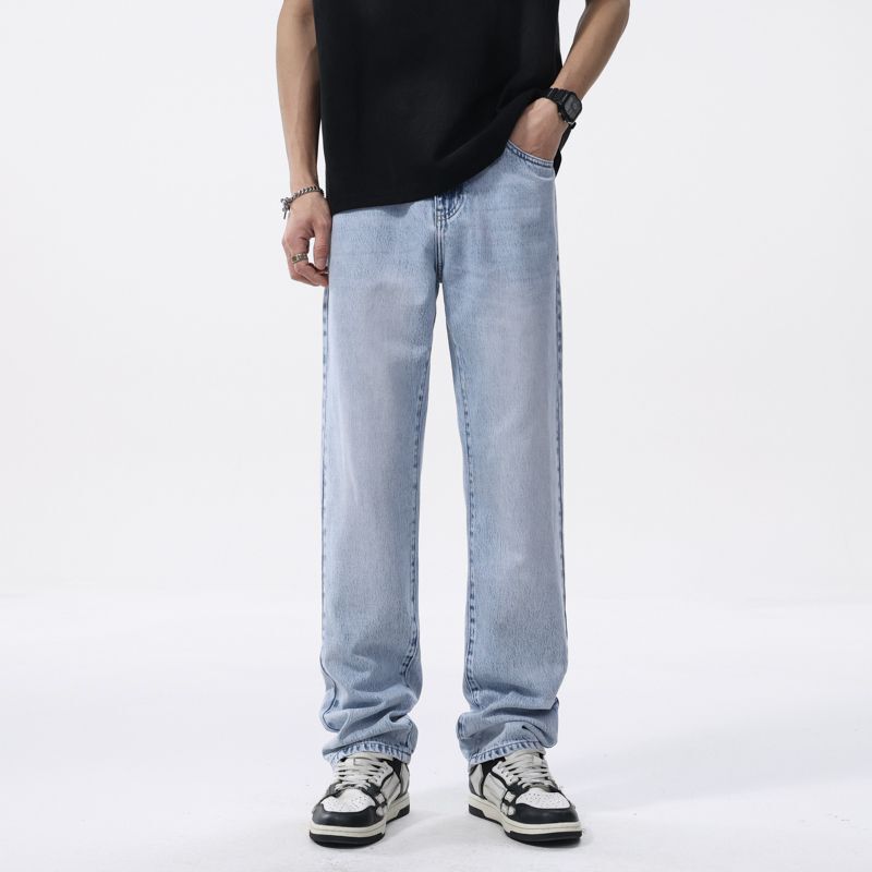 2026 Spring/Summer Thin High-End Pure Cotton American Style Trendy Brand Men's Jeans Slightly Loose Straight Washed Draped Long Pants