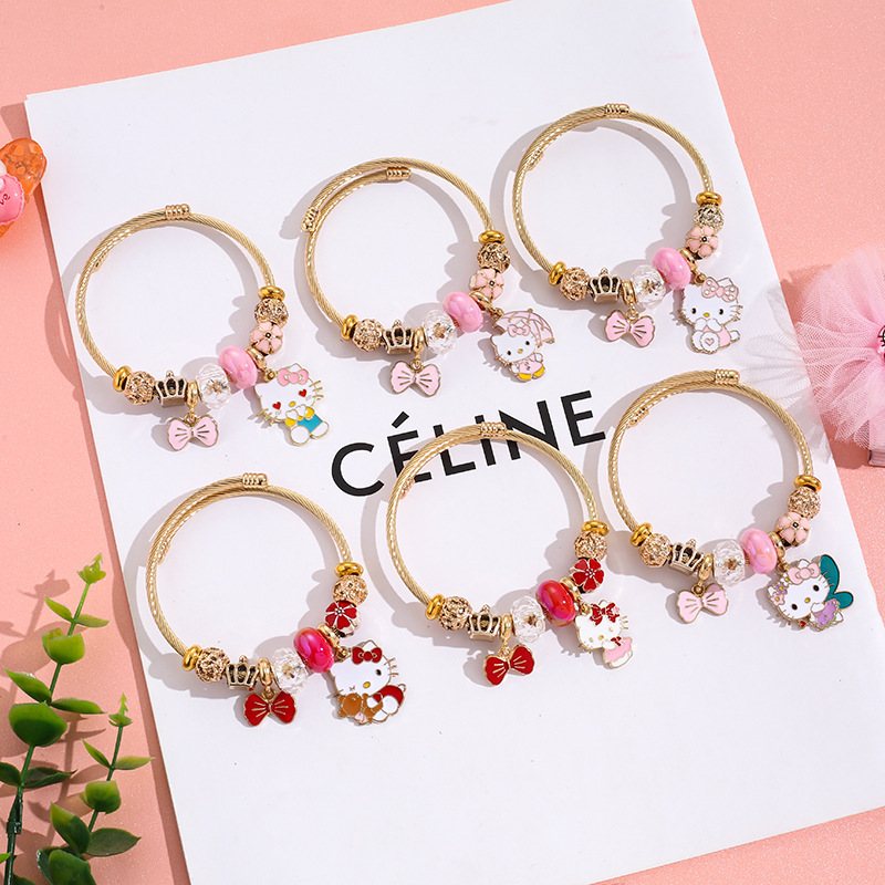 Cross-Border Hello Kitty Beaded Bracelet with Cute Cartoon Kt Cat Pendant, Stainless Steel Bracelet Gift for Girls