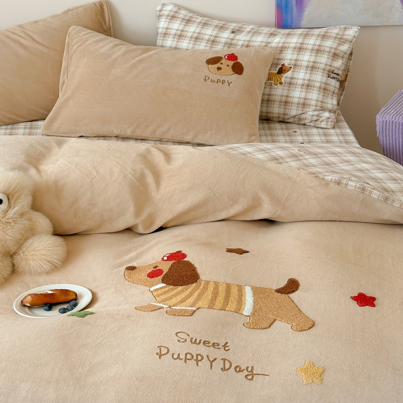 Autumn and Winter Warm Towel Embroidered Milk Velvet Four-Piece Set Thickeneded Coral Velvet Double-Sided Velvet Quilt Cover Flannel Fleece-Lined Bed Sheetss