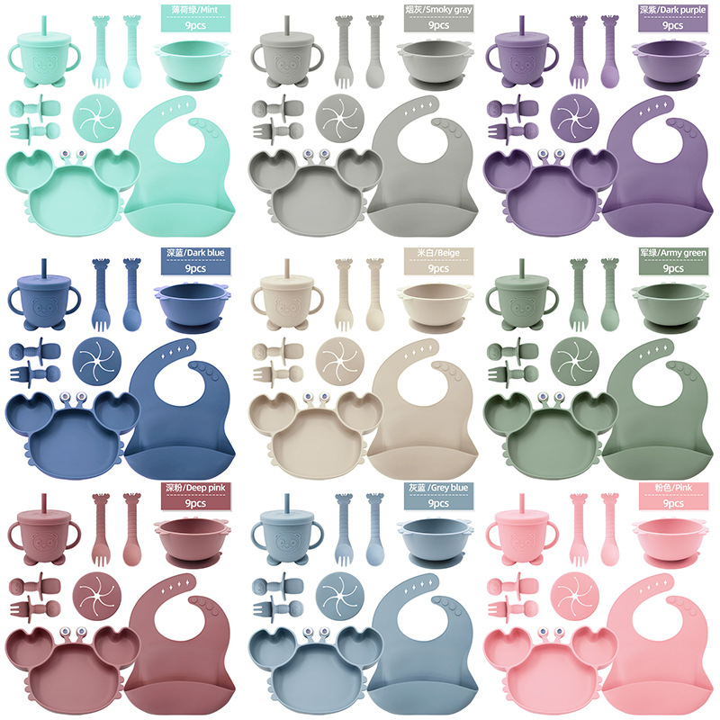 cubiertos de silicona para niños, platos de alimentación para bebés, cucharas de cangrejo, cuchillas de tenedor, bacon de nueve piezas, cubiertos de dibujos animados para bebés