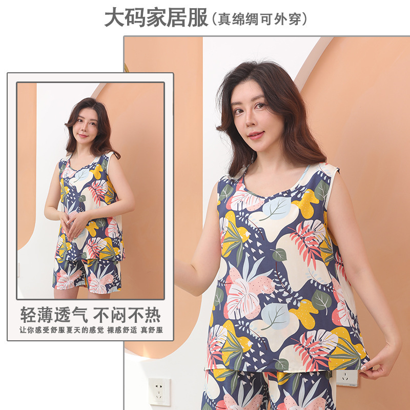 綿シルクパジャマ女性の夏の薄いノースリーブベストショーツツーピーススーツ大きいサイズルーズ人工綿ホーム服|undefined