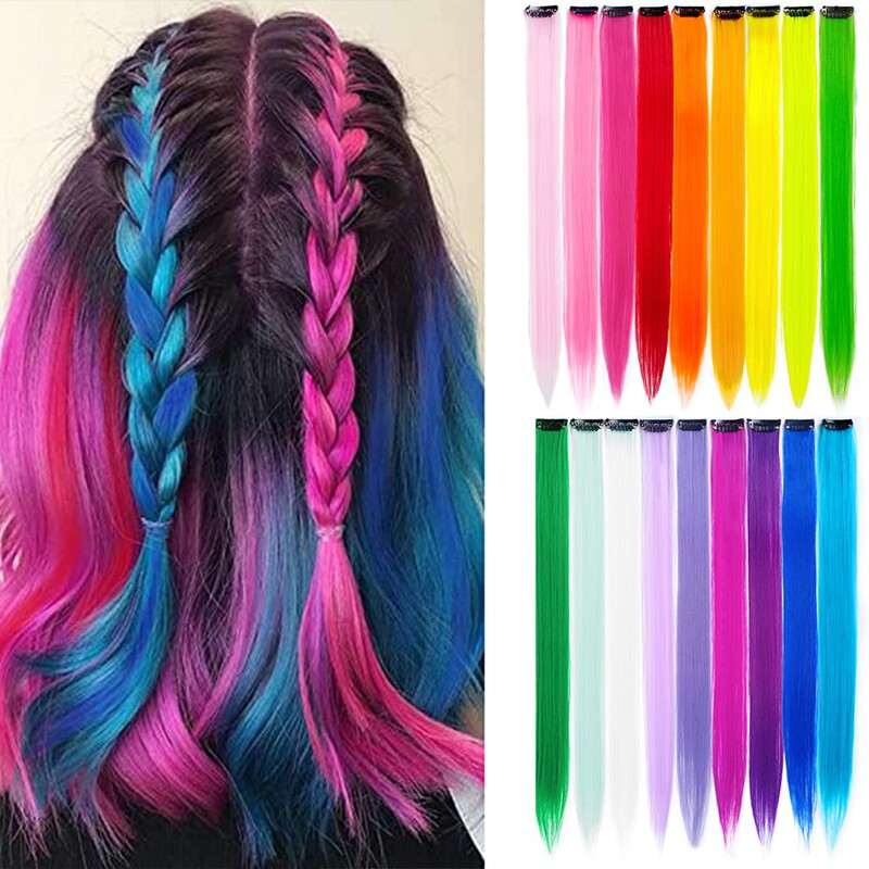 Gradient One-Piece Clip-In Hair Extensions, Medium-Long Straight Hair, High-Temperature Fiber Hair Extensions, Wig Manufacturer, In-Stock, Gradient Color, Multi-Color