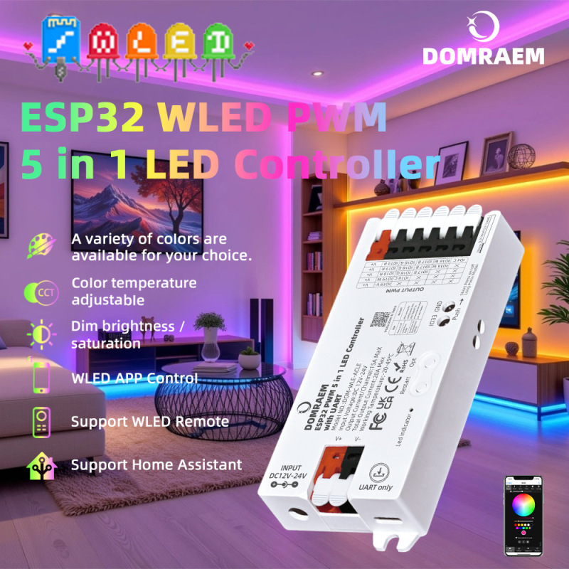Domraem Esp32 Pwm Five-In-One Controller with Uart Wled App Control Dc12-24V 20A Domraem Esp32 Pwm Five-In-One Controller with Uart Wled App Control Dc12-24V 20A