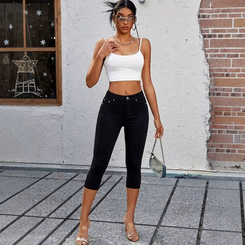 CY007 Cross-Border Women's Solid Color Cropped Denim Pants High-Waisted Stretch Slimming Pencil Pants