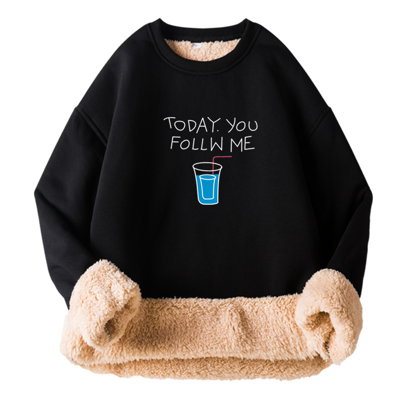 Men's Round-Neck Sweatshirt with Fleece Lining, Thickened for Winter, Lamb Wool Warm Top, Loose Fit, Plus Size, Trendy Brand Clothing for Teenagers