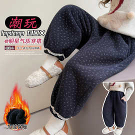 女童加绒裤子秋冬季2025新款儿童洋气一体绒加厚女宝宝过冬碎花裤