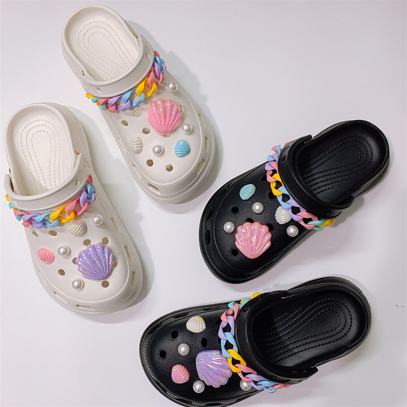 INS cross-border new hole shoes DIY three-dimensional shell pearl color chain suit thick bottom 6cm beach garden