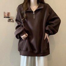 特大码胖MM300斤宽松半拉链设计感百搭显瘦卫衣女秋冬长袖上衣薄