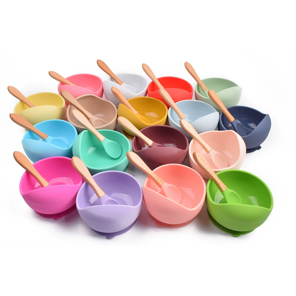 Silicone children's tableware set — bib, bowl and spoon with suction base, multi-color