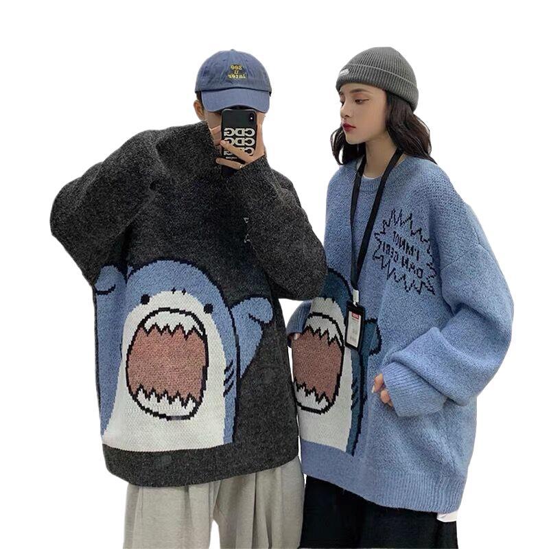 Pareja de dibujos animados pullover hombres Otoño e Invierno estilo coreano moda ins estilo perezoso de moda cuello redondo punto camisa de fondo