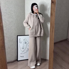 2025年秋季新款欧美亚马逊跨境外贸女装带帽针织长袖宽松休闲套装