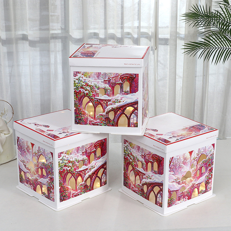 Caja para Pastel de Cumpleaños, Caja de Embalaje para Pastel de 6, 8 y 10 Pulgadas, Caja para Pastel con Luces Navideñas, Caja de Regalo para Fiestas