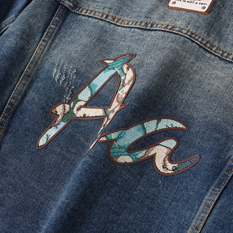 Men's Denim Jacket Embroidered Loose Fit Washed Cotton Outerwear_voghion.com
