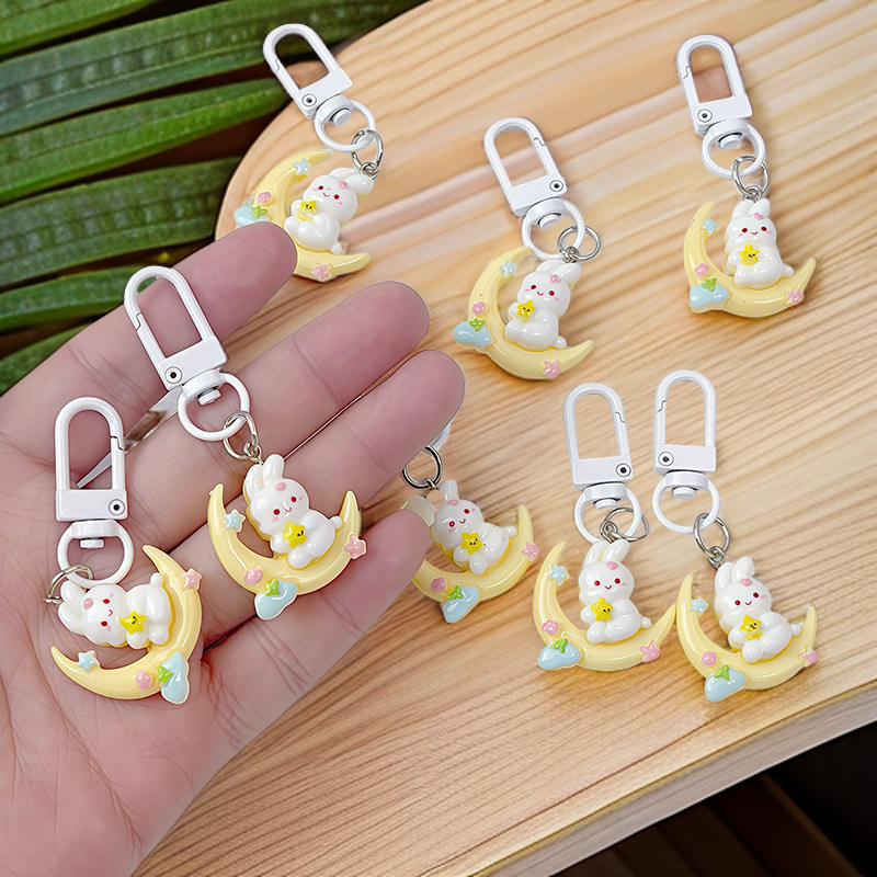 Cartoon Moon Bunny Keychain, Cute Ins-style Bag Decoration, Resin Pendant, High-Value Keyring, Small Gift