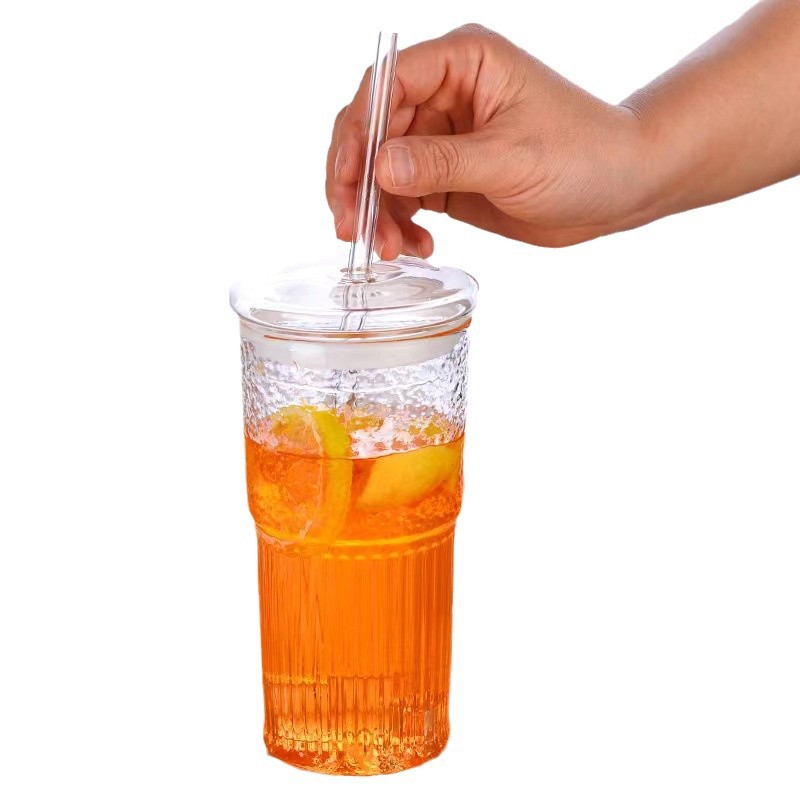 Taza de paja de vidrio de alto borosilicato de color, taza de jugo de leche doméstica de alto valor facial, taza de té de leche de vidrio transparente de gran capacidad