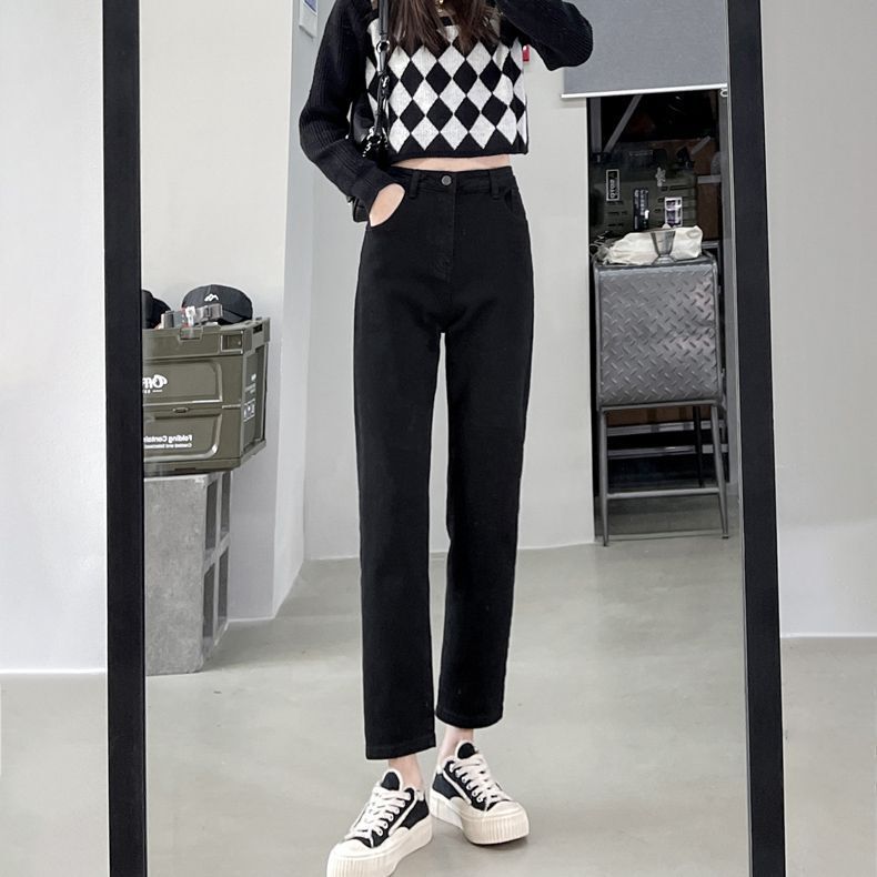 Black High-Waisted Straight-Leg Jeans for Women, New Spring and Autumn Student Slim-Fit Chic Versatile Stretchy Cigarette Pants