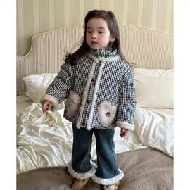 女童棉服冬季新款儿童冬装洋气女孩夹棉格子爱心格子棉衣女宝外套