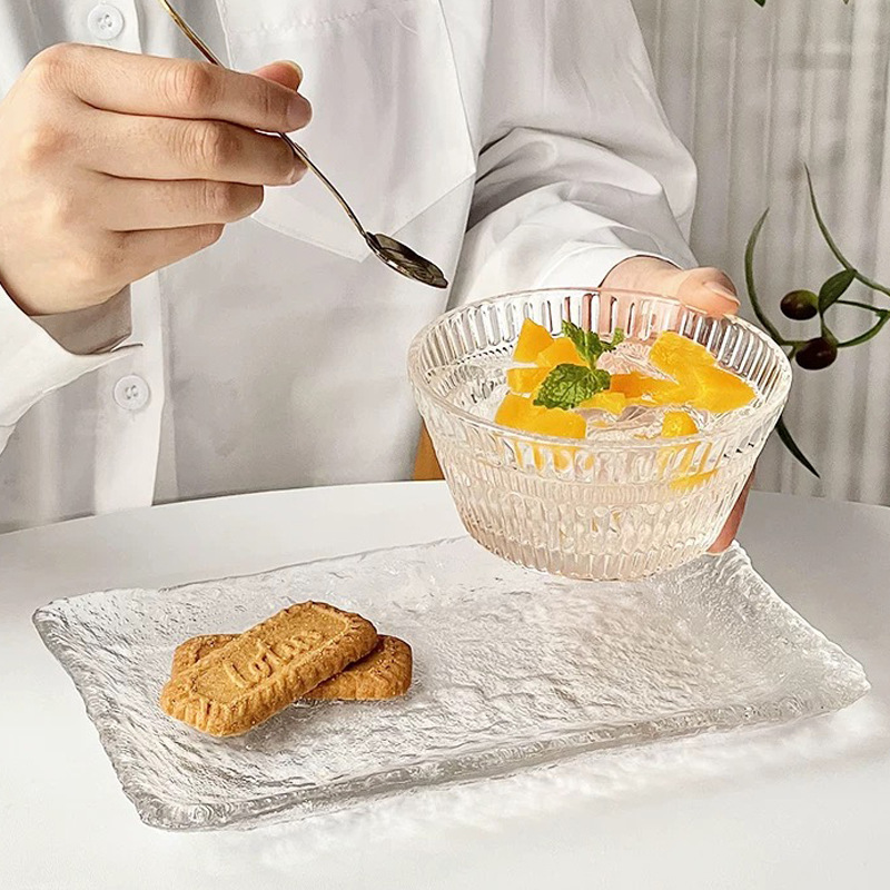 Vertical grain glass dessert bowl breakfast oatmeal bowl simple ice cream bowl fruit bowl net red yogurt salad bowl