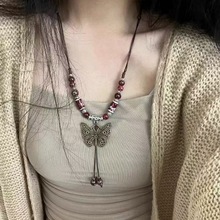 复古波西米亚风蝴蝶项链女民族风新中式长款毛衣链高级感挂脖配饰