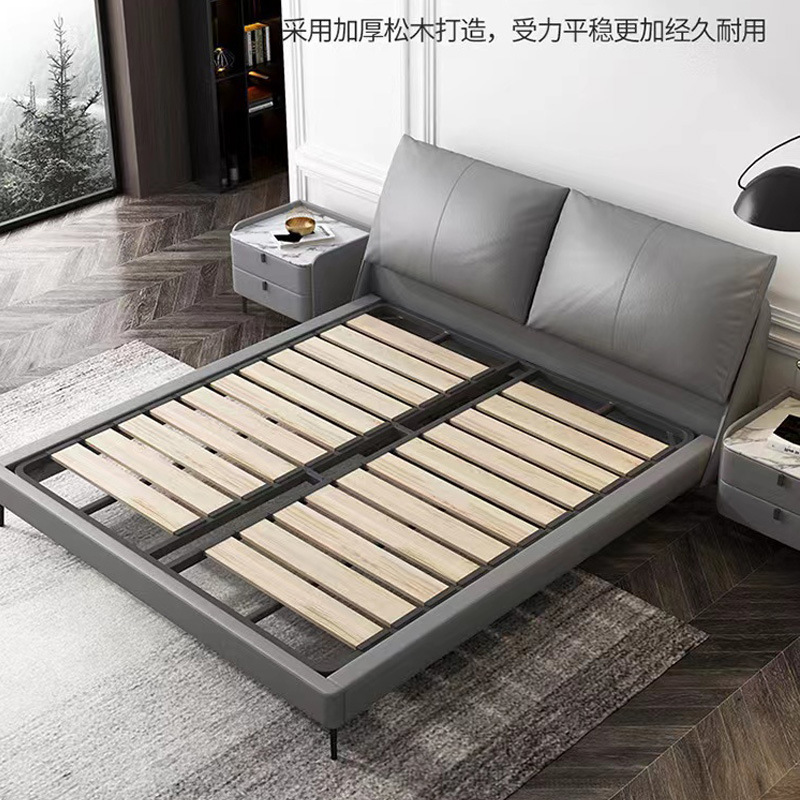 Cama de cuero genuino moderno simple dormitorio principal Cama grande italiano minimalista cama de boda doble de alta gama elegante luz de lujo cama suave cama de cuero