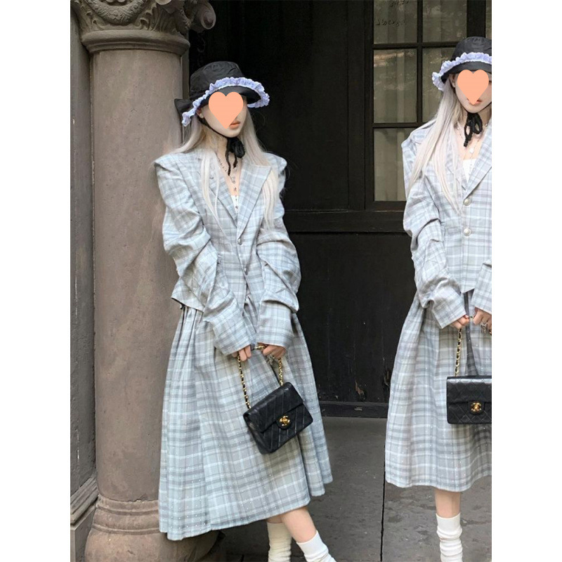 微胖mm英伦风格纹西装外套女冬季大码高腰半身裙显瘦套装