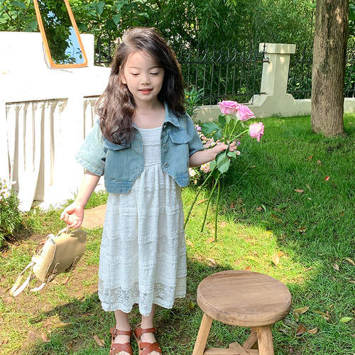 Elmo Beibei Children's Summer Skirt Set Girls Korean Style Short Denim Jacket + Lace Suspender Skirt Two-piece Set