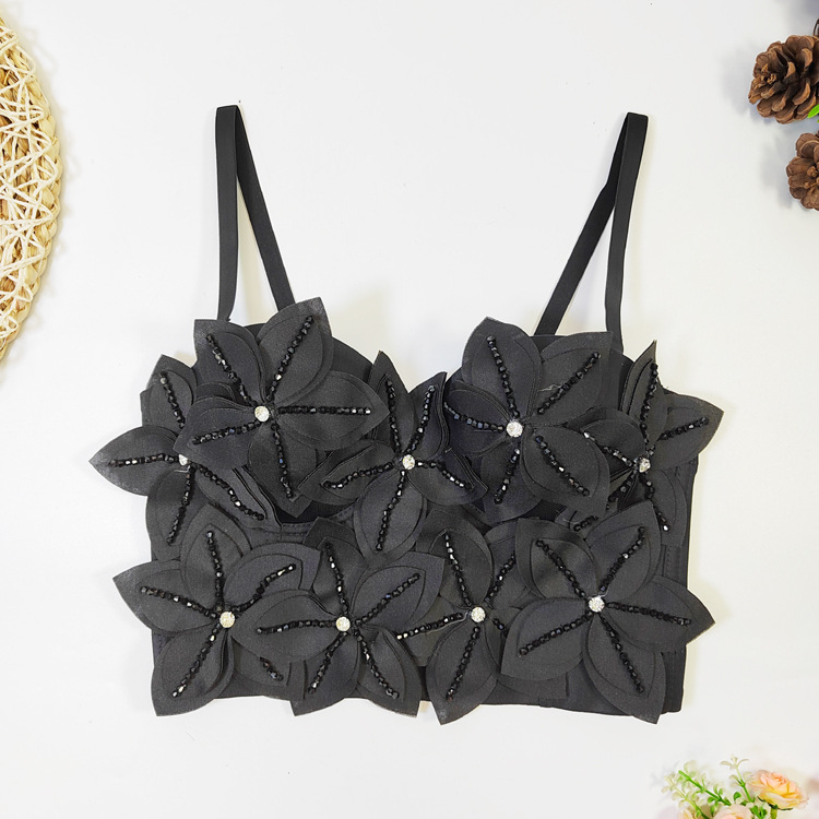 British style 3D floral beaded strapless top, high-end feel, wearable as outerwear, padded bra with integrated cup support and suspenders.