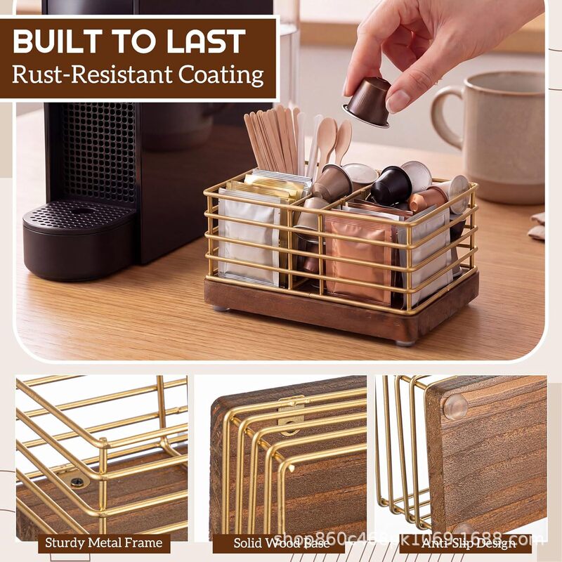 Coffee Corner Storage Rack, Iron and Solid Wood Tea Bag and Sugar Packet Organizer, Multifunctional Desktop Coffee Capsule Organizer Box Coffee Corner Storage Rack, Iron and Solid Wood Tea Bag and Sugar Packet Organizer, Multifunctional Desktop Coffee Capsule Organizer Box