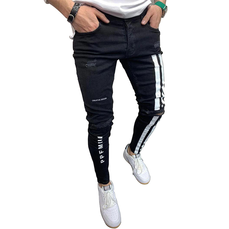 Perforerade elastiska tighta tryckta jeans för män herr 8824_voghion.com