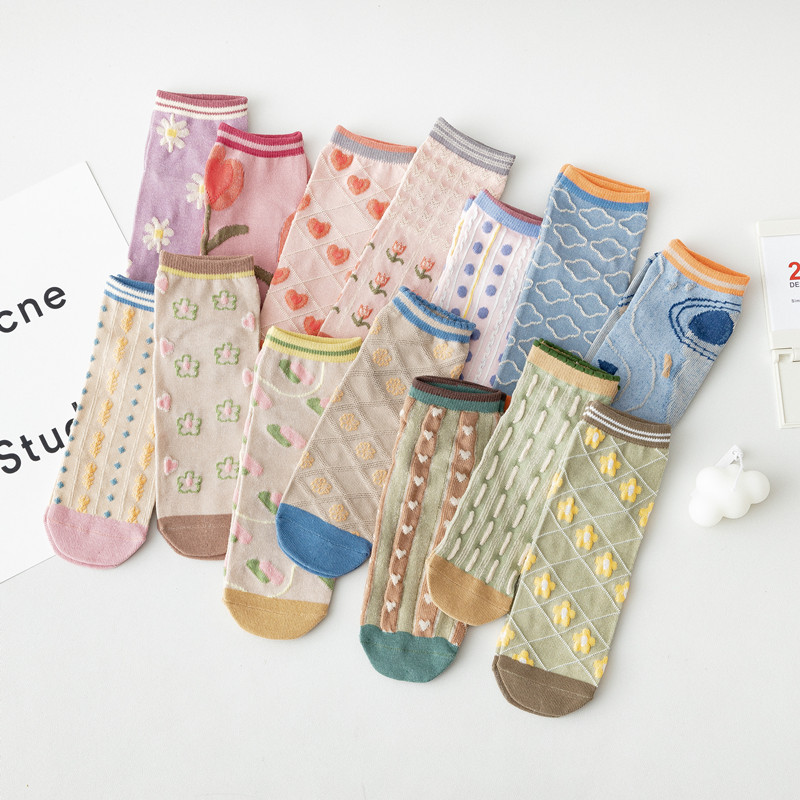 夏季新品袜子女 日系透明薄款创意插画中筒袜韩版ins学院风堆堆袜