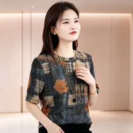 直播爆款2026夏季款时尚减龄印花圆领短袖T恤女装妈妈装百搭上衣