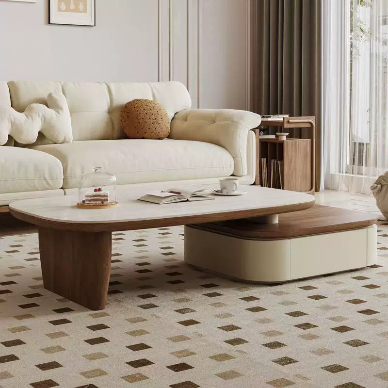 中古风胡桃木圆形茶几小圆桌电视柜组合茶几家用客厅小户型