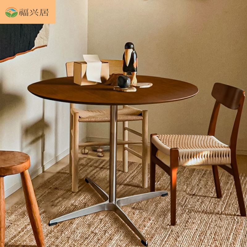 French Retro Walnut Color Dining Table Small Apartment Household Solid Wood Dining Table Apartment Mid-Century Style Round Balcony Coffee Table