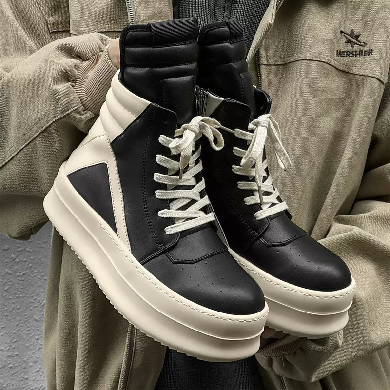 2025秋冬新款欧美潮流短靴高帮倒三角黑白个性厚底加厚增高男鞋潮