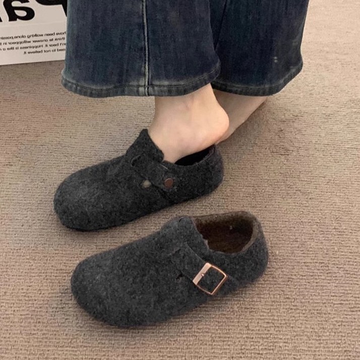 Retro Round-Toe Felt Fleece-Lined Birkenstock Shoes for Women Fleece-Lined Autumn and Winter Slip-On Warm Cotton Scoop Shoes Woolen Loafers